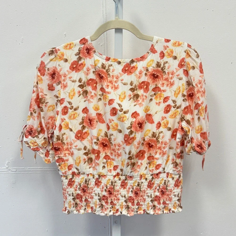 Abercrombie & Fitch Floral Smocked Waist Puff Sleeve V-Neck Blouse Orange Medium